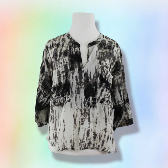 Line & Dot Sz M Pockets Silk Mix Media Crop Blouse Top - Picture 1 of 8